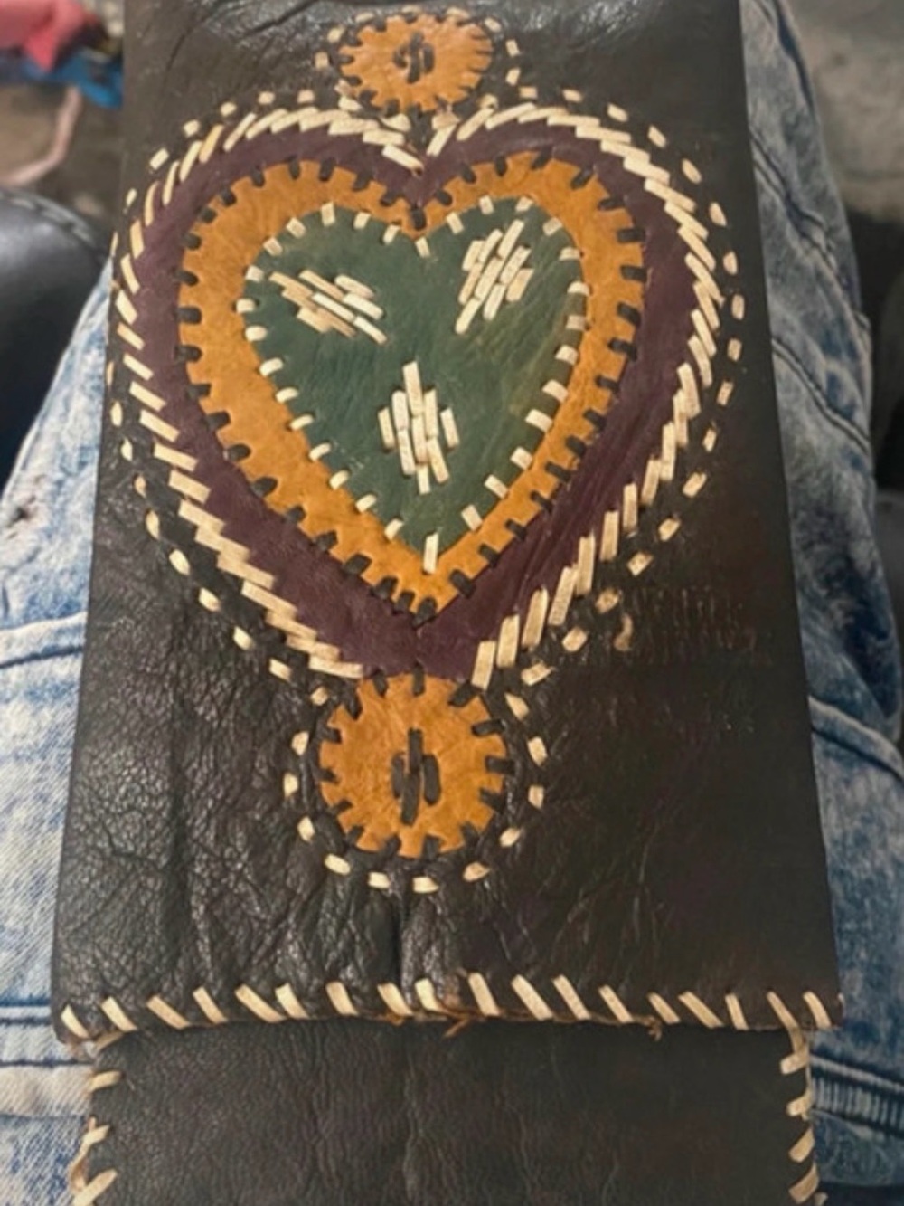Handcrafted Leather Heart Accent Wallet - Brown with Green and Tan Inlay